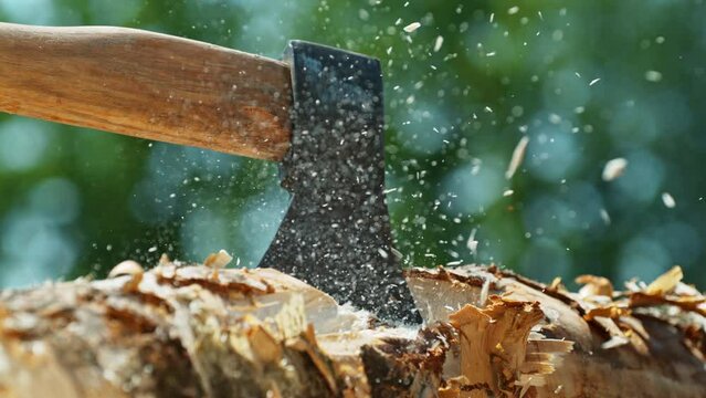 Lumberjack Working in Forest. Super Slow Motion of Chopping Wooden Logs with Axe. Filmed on High Speed Cinema Camera at 1000 fps.