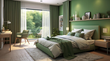 Green bedroom. Scandinavian interior design. Generative Ai