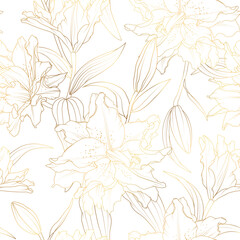 Gold lilly, amaryllis, hippeastrum floral seamless pattern. Spring golden flowers detailed drawing outline sketch on white background. Vector design illustration for textile, fabric, decoration. - 607811324