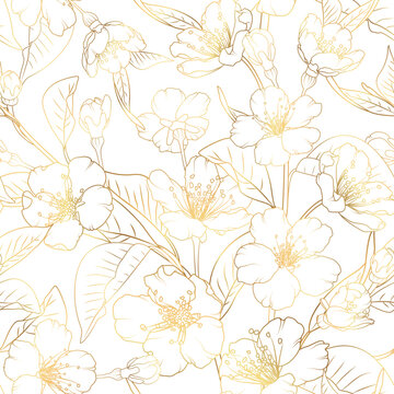 Gold cherry blossom seamless pattern. Natural texture with blossom sakura tree branches. Golden japanese line art flowers on white background.