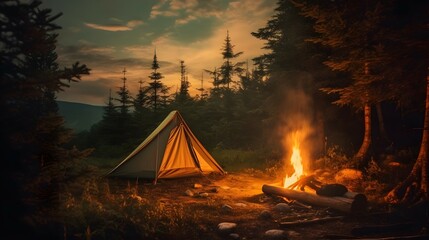 Tourism concept. Tent camping in mountains. Generative AI