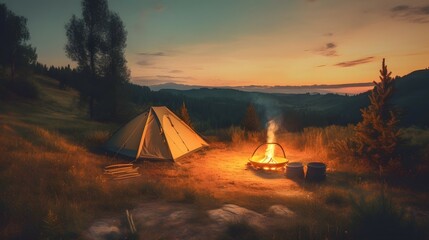 Tourism concept. Tent camping in mountains. Generative AI