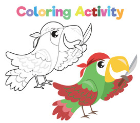 Coloring book for children pirate’s parrot. Educational printable coloring worksheet. Coloring activity for children. Vector outline coloring page kids.