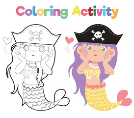 Coloring book for children of a cute mermaid wearing pirate’s hat. Educational printable coloring worksheet. Coloring activity for children. Vector outline coloring page kids.