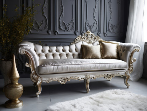 Generative ai illustration of Vintage whithe leather curved sofa against victorian wallpaper