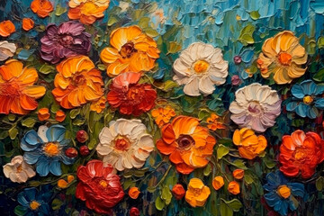 Fototapeta na wymiar Painting of colorful summer flowers. AI generated.
