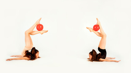 A girl gymnast in a black and beige leotard with a red ball does tricks on a white background. Web...