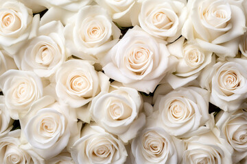 Fototapeta na wymiar Many white roses background top view. Generative ai