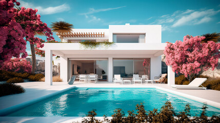 modern white villa with a swimming pool. Sunbed on sundeck, clear blue sky background for vacation home or hotel. Generative ai Edited	 - obrazy, fototapety, plakaty