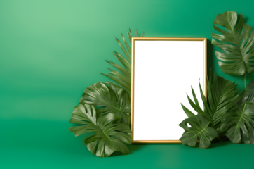 Photo frame with transparent cutout on green background with monstera leaves plant, PNG file. Mockup template for artwork design. Copy text space. 3D rendering

