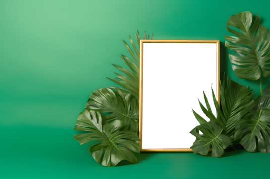 Photo frame with transparent cutout on green background with monstera leaves plant, PNG file. Mockup template for artwork design. Copy text space. 3D rendering
