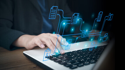 Document management and network system. Paperless workplace idea, e-signing, electronic signature. Businessman search for documents in online archives. Storage and technology on digital document. DMS.