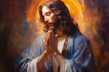 AI illustration. portrait religieux de Jésus en prière, aspect peinture à l'huile lumineux et paisible, mains jointes
