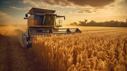 Fototapeta premium Harvester working in a wheat field. Generative AI