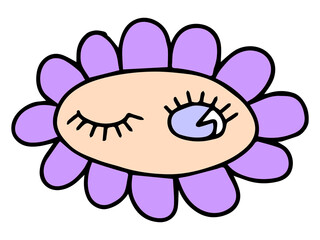 Obraz premium Flower in trendy retro cartoon groovy style. Symbols, chamomile flowers, rainbow, hippie stickers. Vector illustration.