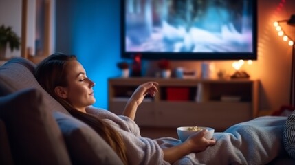Evening Relaxation: Woman Enjoying TV Time at Home. Generative AI.