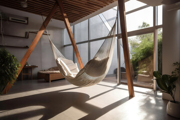 Hammock Suspended In Modern Architectural Marve. Generative AI