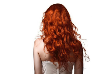Fototapeta premium Long Auburn Curly Hair , Rear View On White Background. Generative AI