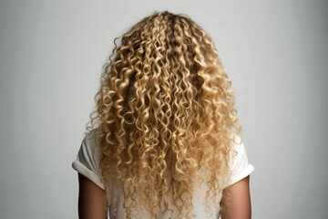 Long Blonde Afro Curls , Rear View On White Background. Generative AI - obrazy, fototapety, plakaty