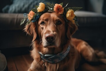 Canine Companion Wearing a Colorful Flower Crown - Pet Fashion, Dog with Floral Headpiece