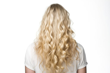Long Blonde Curly Hair , Rear View On White Background. Generative AI