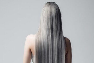 Obraz premium Long Gray Straight Hair , Rear View On White Background. Generative AI