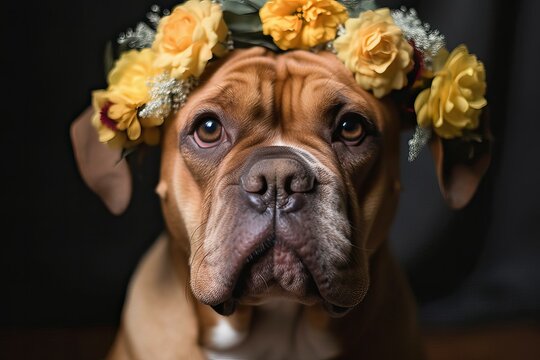 Canine Companion Wearing a Colorful Flower Crown - Pet Fashion, Dog with Floral Headpiece
