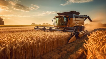 Fototapeta premium Harvester working in a wheat field. Generative AI