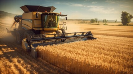 Harvester working in a wheat field. Generative AI