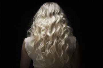 Fototapeta premium Long White Curly Hair , Rear View On Black Background. Generative AI
