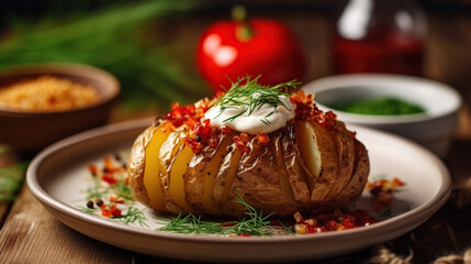 Obraz na płótnie Canvas Baked potato with spices, herbs and ketchup in a plate on the wooden table. Generative Ai