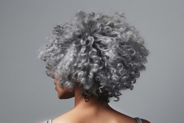 Short Gray Afro Curls , Rear View On Gray Background. Generative AI