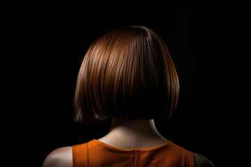 Short Brown Straight Hair , Rear View On Black Background. Generative AI