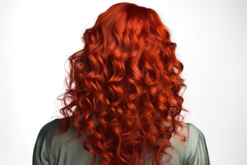 Medium Length Red Curly Hair , Rear View On White Background. Generative AI