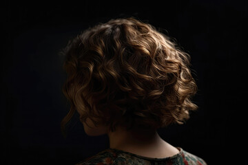 Short Brown Curly Hair , Rear View On Black Background. Generative AI