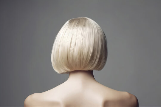 Short Blonde Straight Hair , Rear View On Gray Background. Generative AI