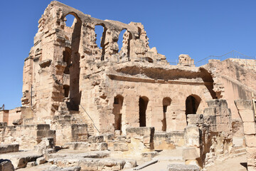 Fototapeta na wymiar Two-Story Portion of El Jem Roman Amphitheater Ruin, Tunisia