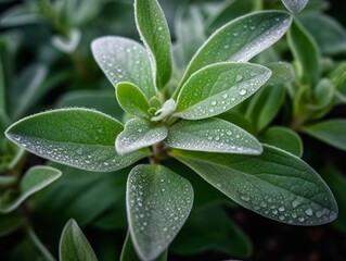 Fototapeta na wymiar sage plant with fresh green leaves glistening with morning dew
