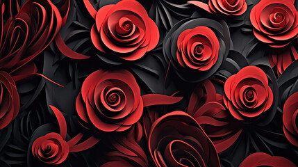 Fototapeta na wymiar Flowers black and red colour. Set in a pattern of cut paper