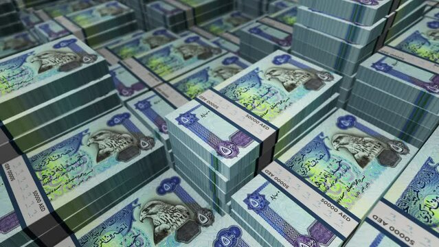 Emiratesian Dirham Dubai AED banknote pack pile loop. Flying over money stack Emirates note. 3D Abstract concept of business, economy, finance, crisis and banking. Seamless looped.