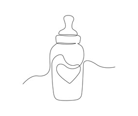 Continuous one line drawing of baby feeding bottle. Baby drink bottle outline vector illustration. Editable stroke.
