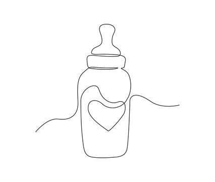 Continuous one line drawing of baby feeding bottle. Baby drink bottle outline vector illustration. Editable stroke.