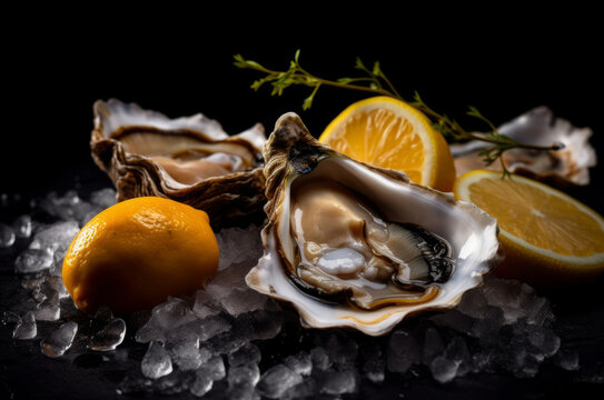 Fresh oysters on crushed ice with slices of lemon. Minimalistic dark background. Generative AI