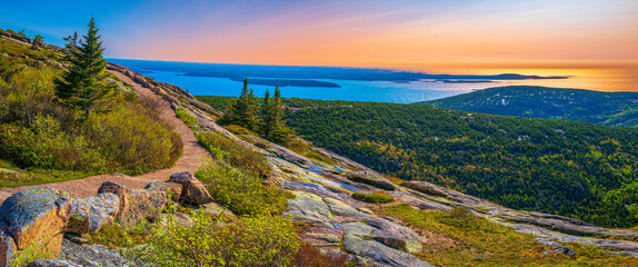 Panorama of the Cadillac Mountain Overlook in Acadia National Park, Bar Harbor, Maine, beautiful...
