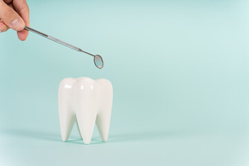 Dental treatment concept. Dental offers free treatment. Healthy white tooth model and dental mirror on a blue background with copy space. Teeth care, whitening, tooth extraction, implant concept.