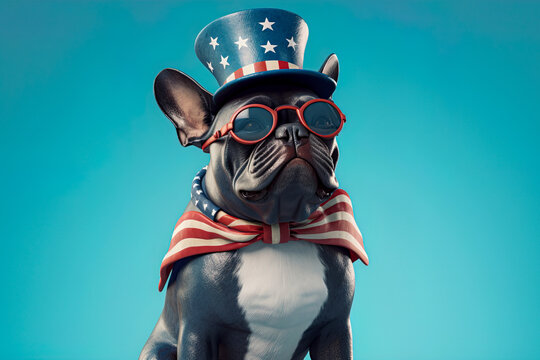 French Bulldog wearing sunglasses, top hat and cape in colors of american flag. Independence day, 4th of July celebration. Generative Ai image