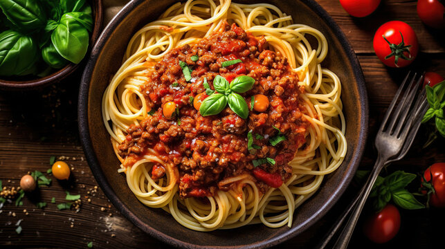 Italian spaghetti bolognese with tomato sauce and meat. Copy space. Generative Ai