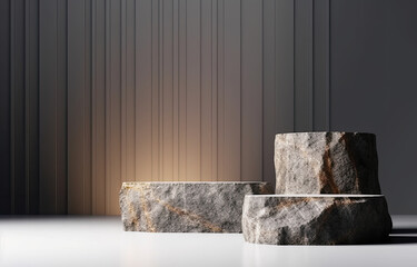 Minimalist rock platform podium for product presentation background. Empty space for advertising, template. AI generative