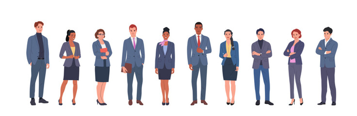 Group of different businesswomen  and businessmen  standing isolated. Corporate office style. Vector flat style cartoon illustration