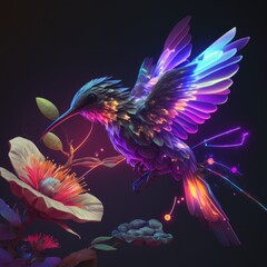 Colorful hummingbird flying with flower on dark background. Generative AI illustration.